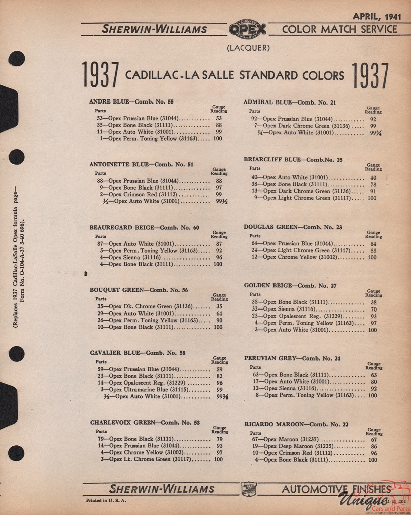 1937 Cadillac Paint Charts Williams 2